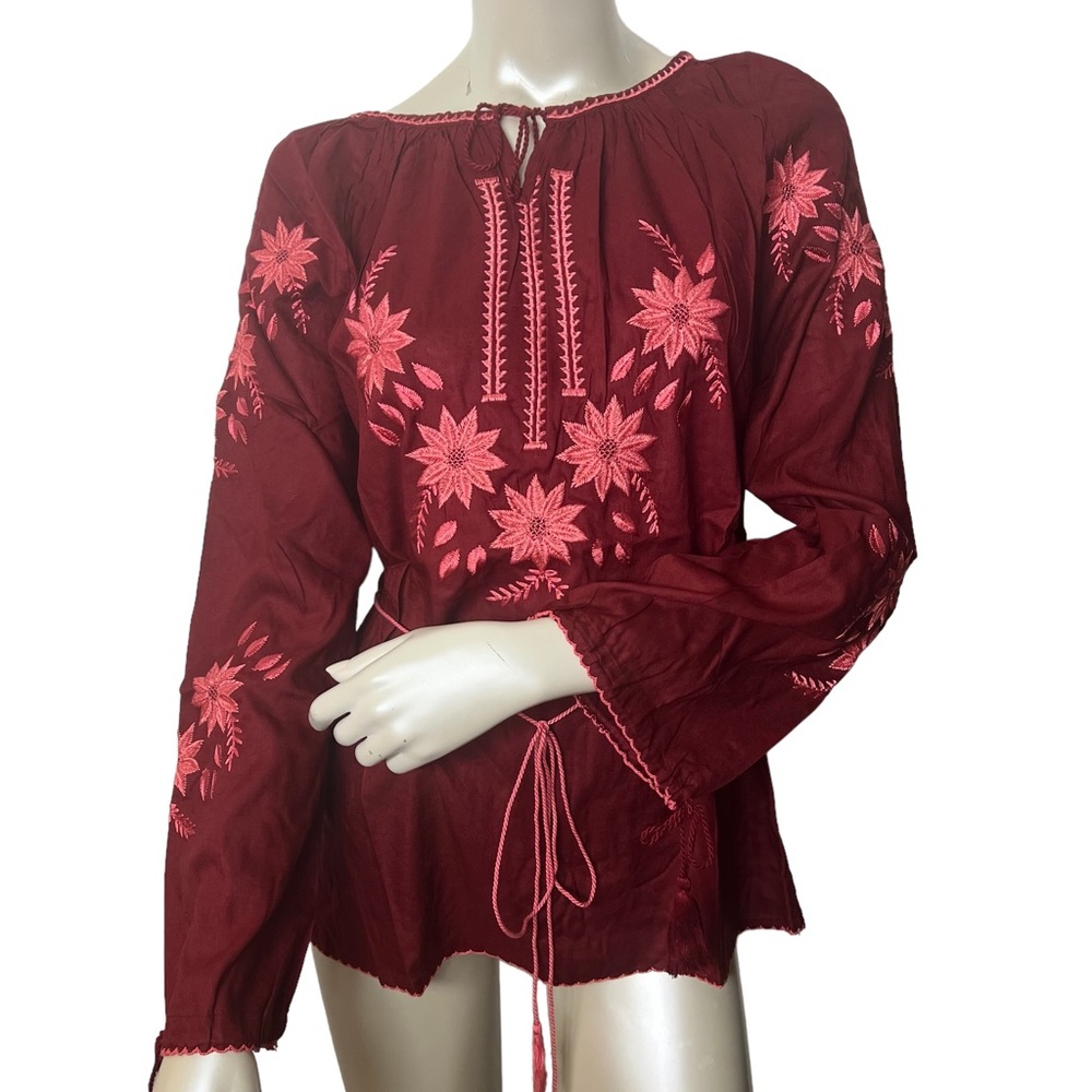 Sorrento brand Burgundy Embroidered Long Sleeve Top